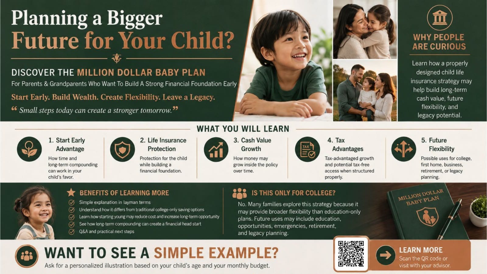 Planning a Bigger Future for Your Child? Discover the Million Dollar Baby Plan — start early, build wealth, create flexibility, leave a legacy.